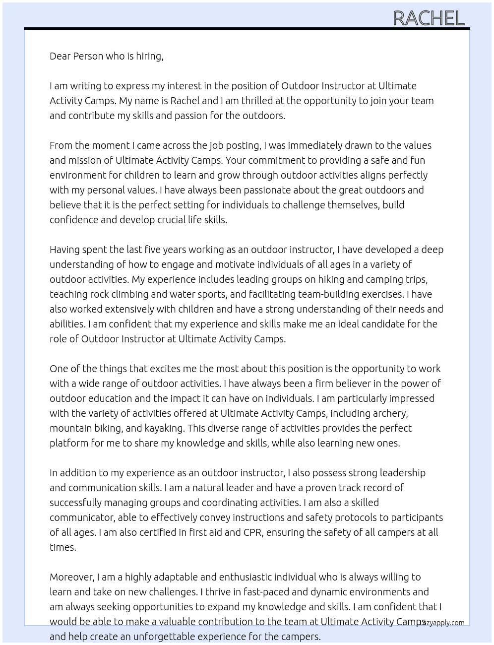 Outdoor instructor  At Ulimate activity camps  Cover Letter