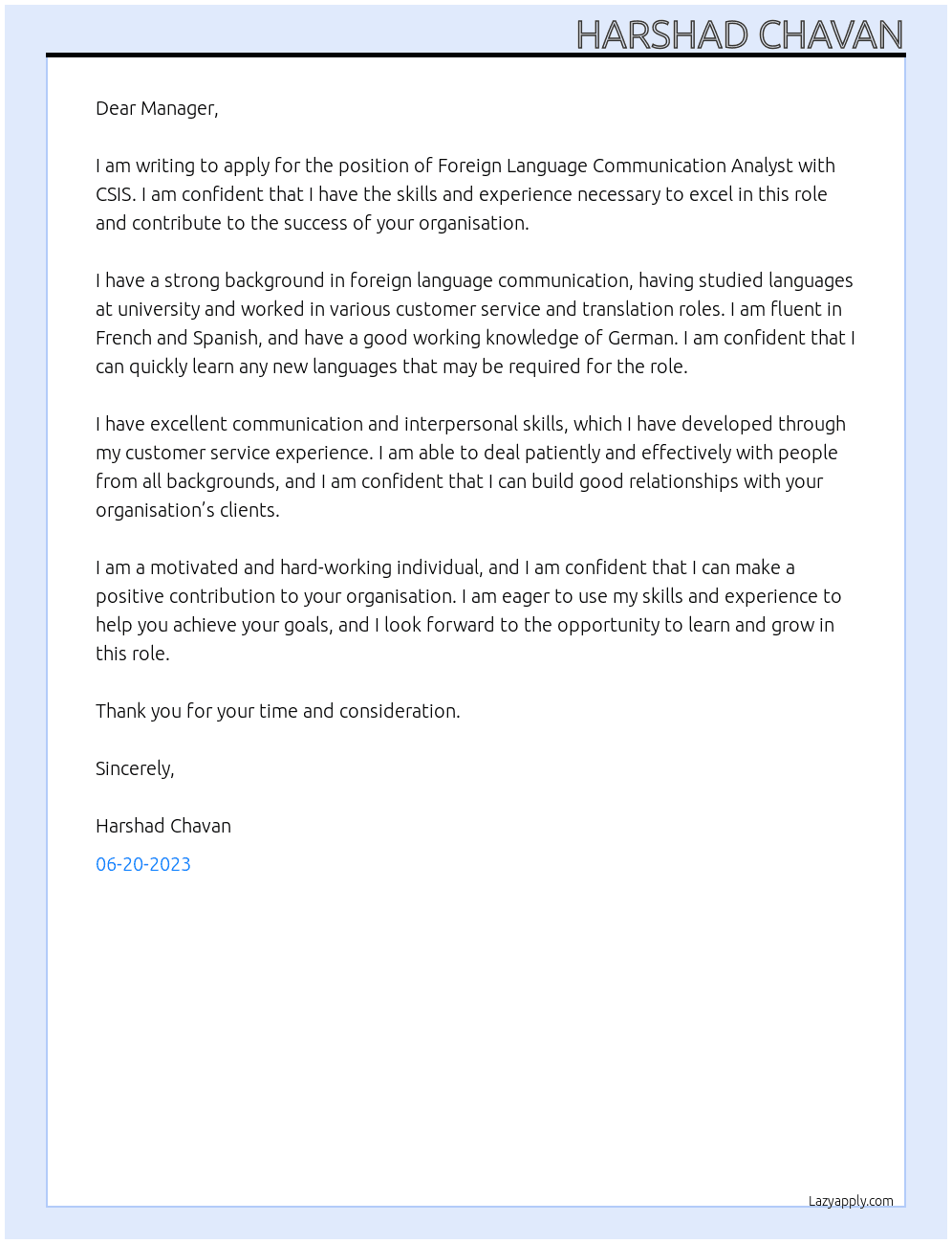 Foreign Language Communication Analyst At CSIS Cover Letter