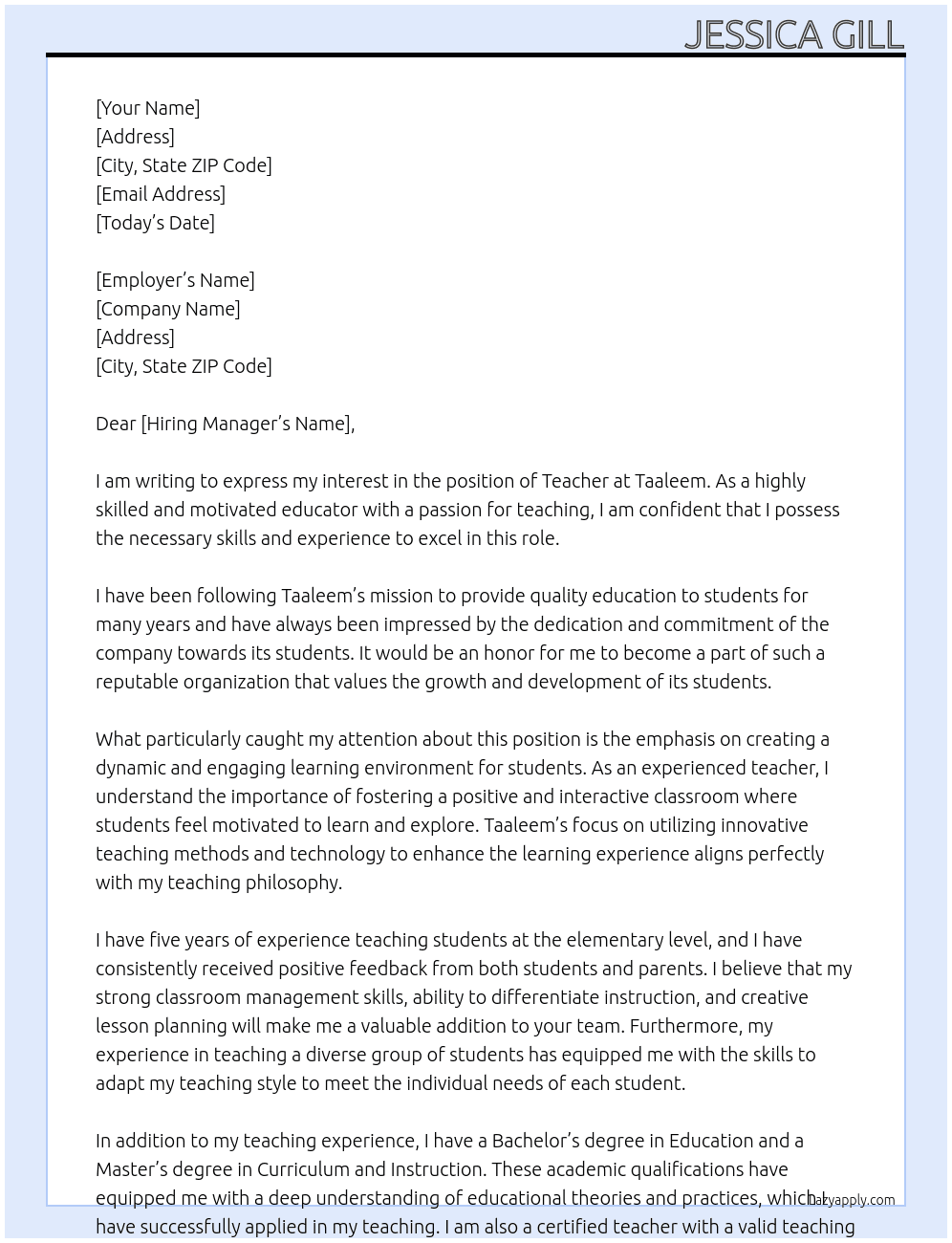 Teacher At Taaleem Cover Letter