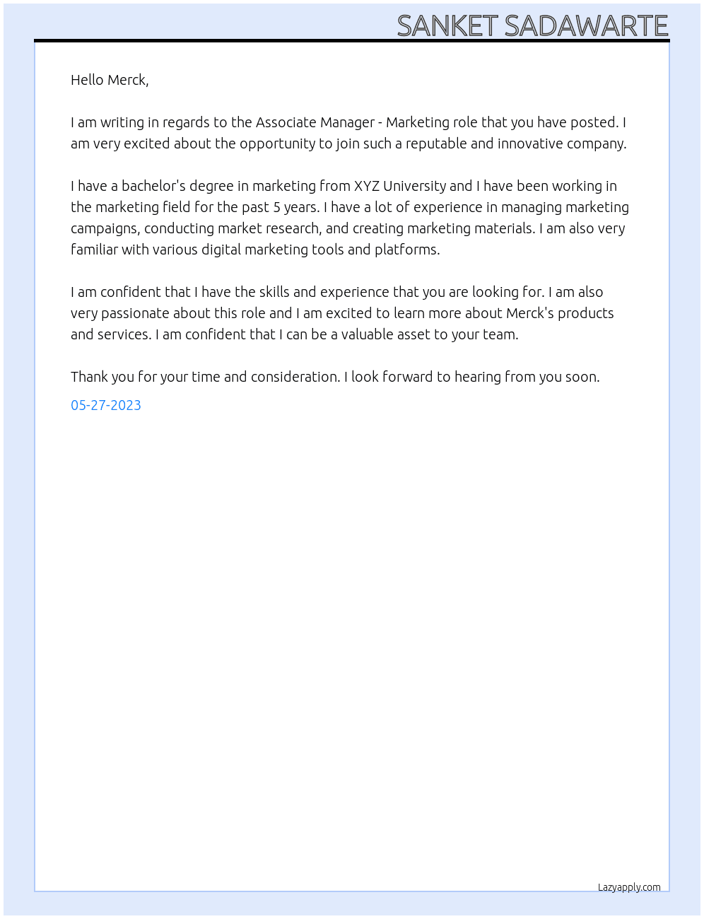 Associate Manager - Marketing At merck Cover Letter