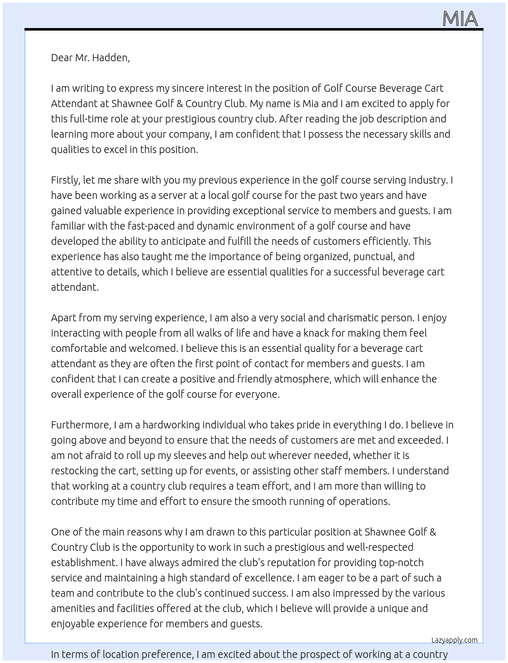 Golf Course Beverage cart attendant  At Shawnee Golf & Country Club Cover Letter