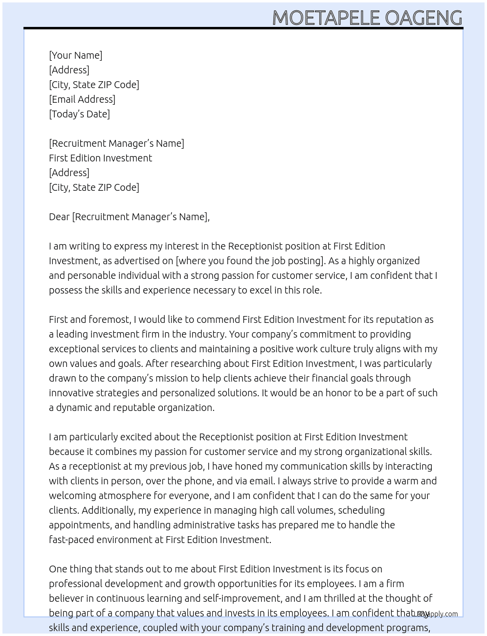 Receptionist At First Edition Investment  Cover Letter