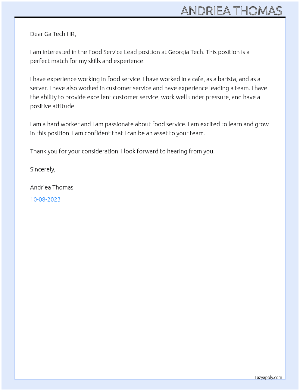 Food Service Lead  At Georgia Tech  Cover Letter