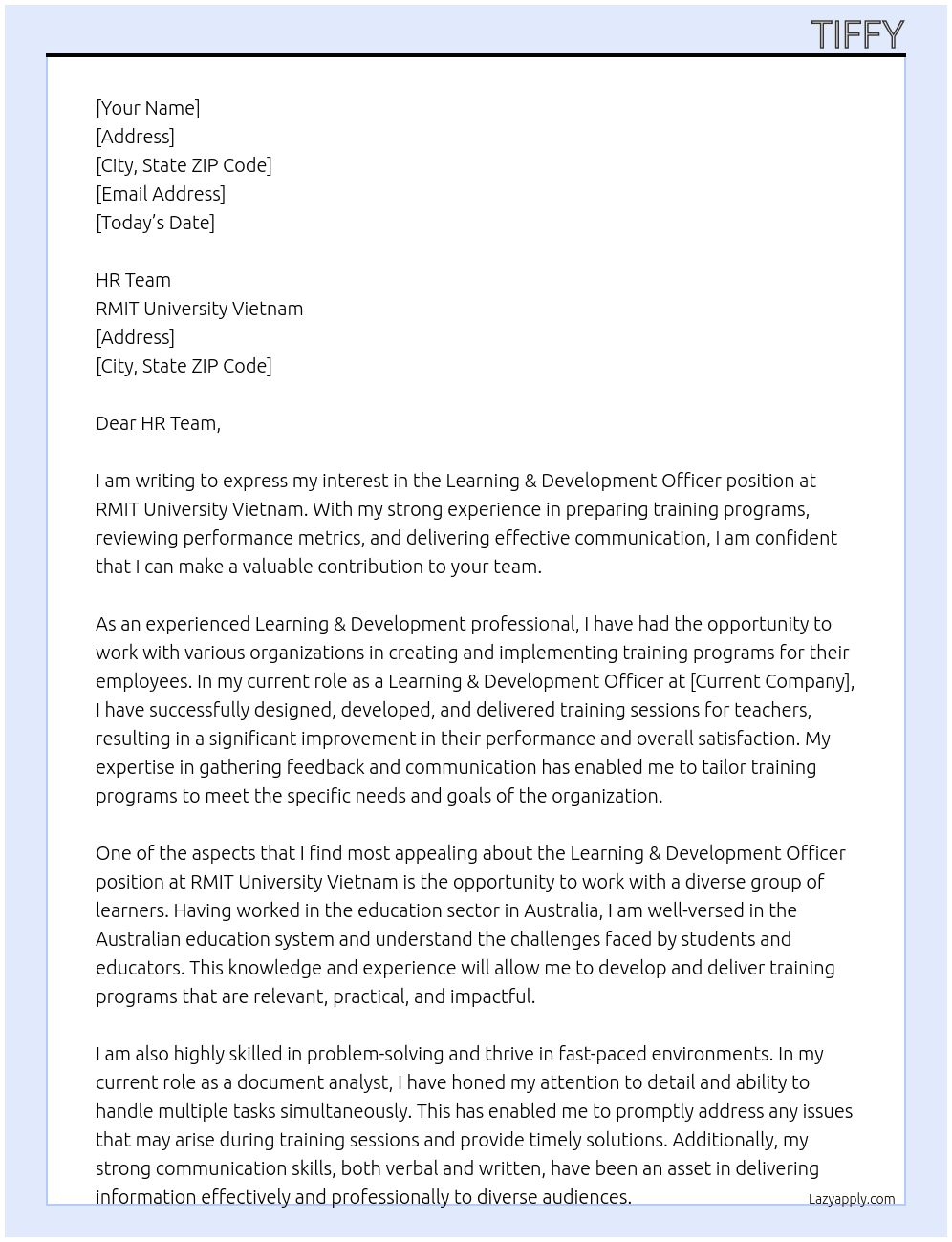 Learning & Development Officer At RMIT University Vietnam Cover Letter