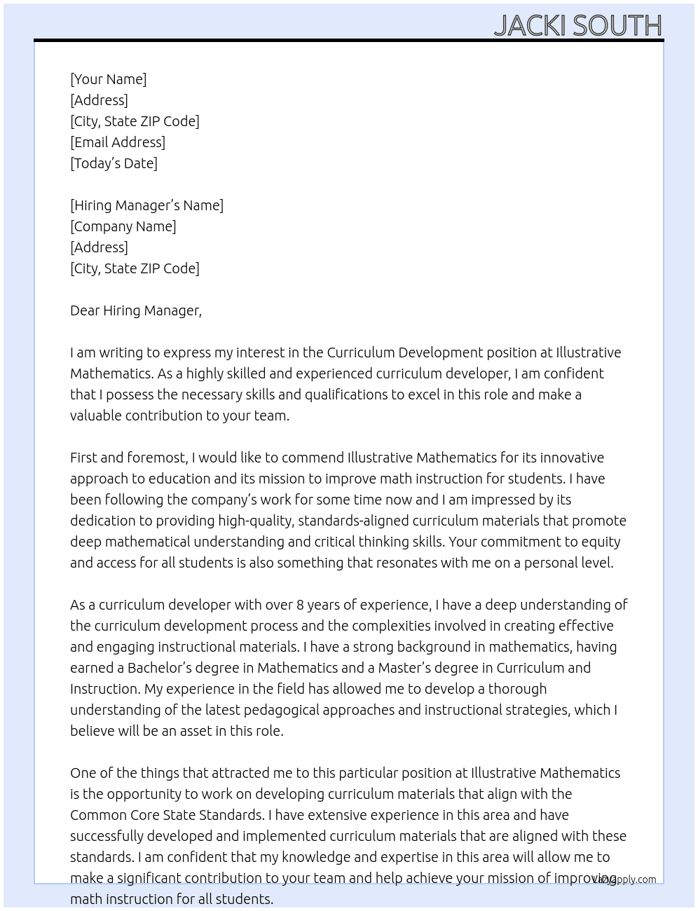 Curriculum Development  At Illustrative Mathematics  Cover Letter