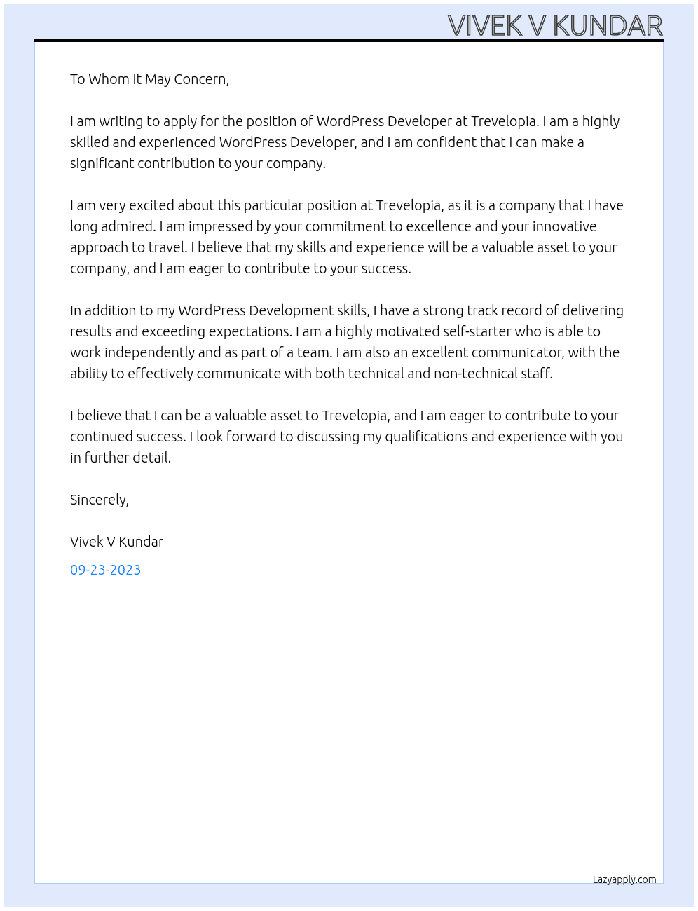 WordPress Developer  At Trevelopia Cover Letter