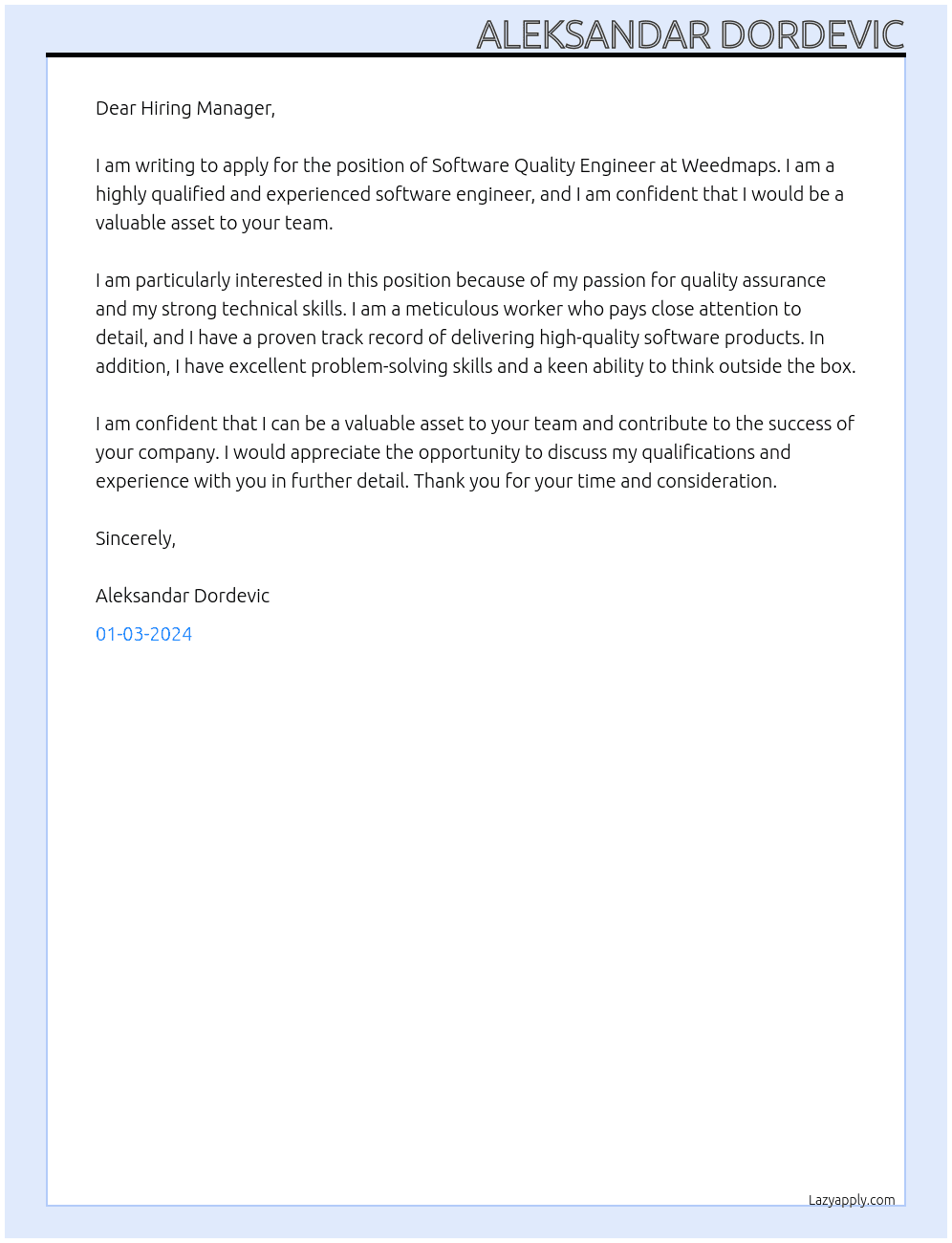Software Quality Engineer At Weedmaps Cover Letter