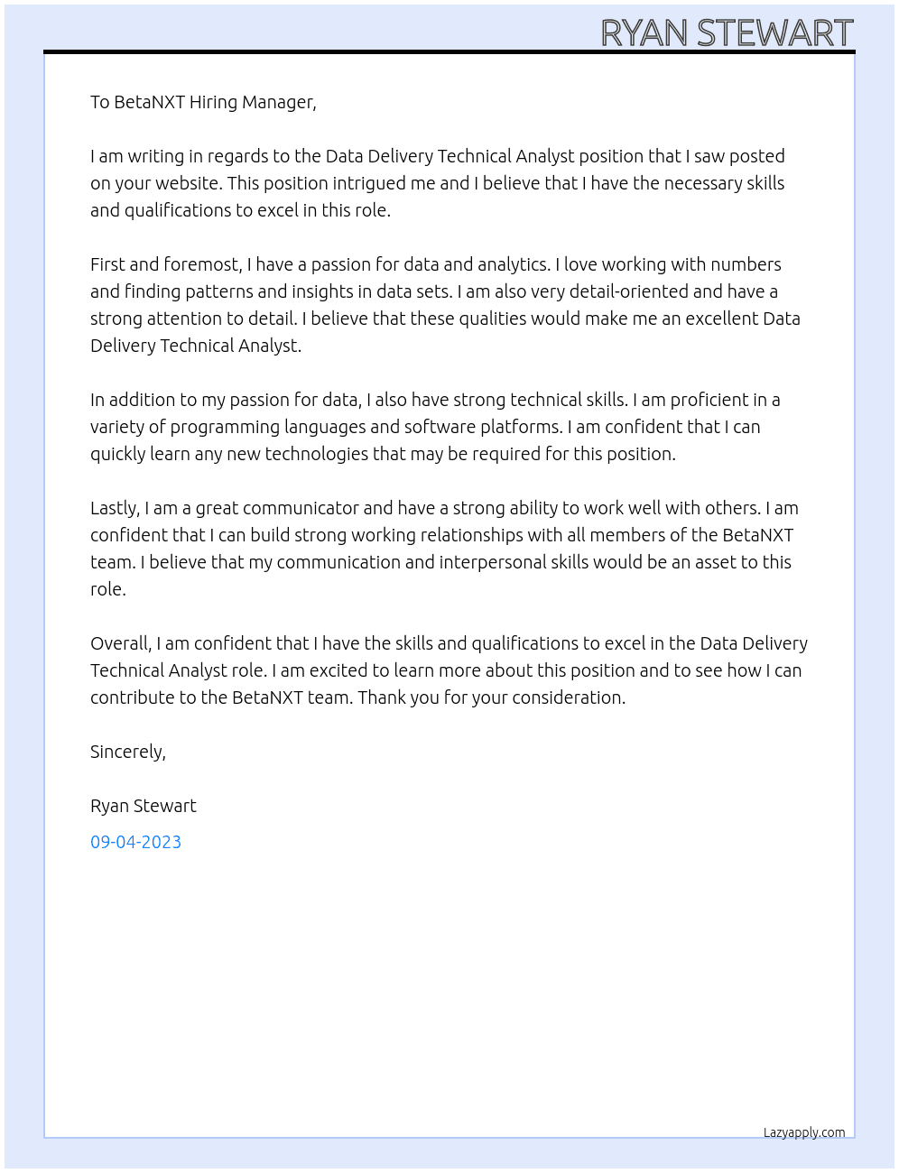 Data Delivery Technical Analyst At BetaNXT Cover Letter