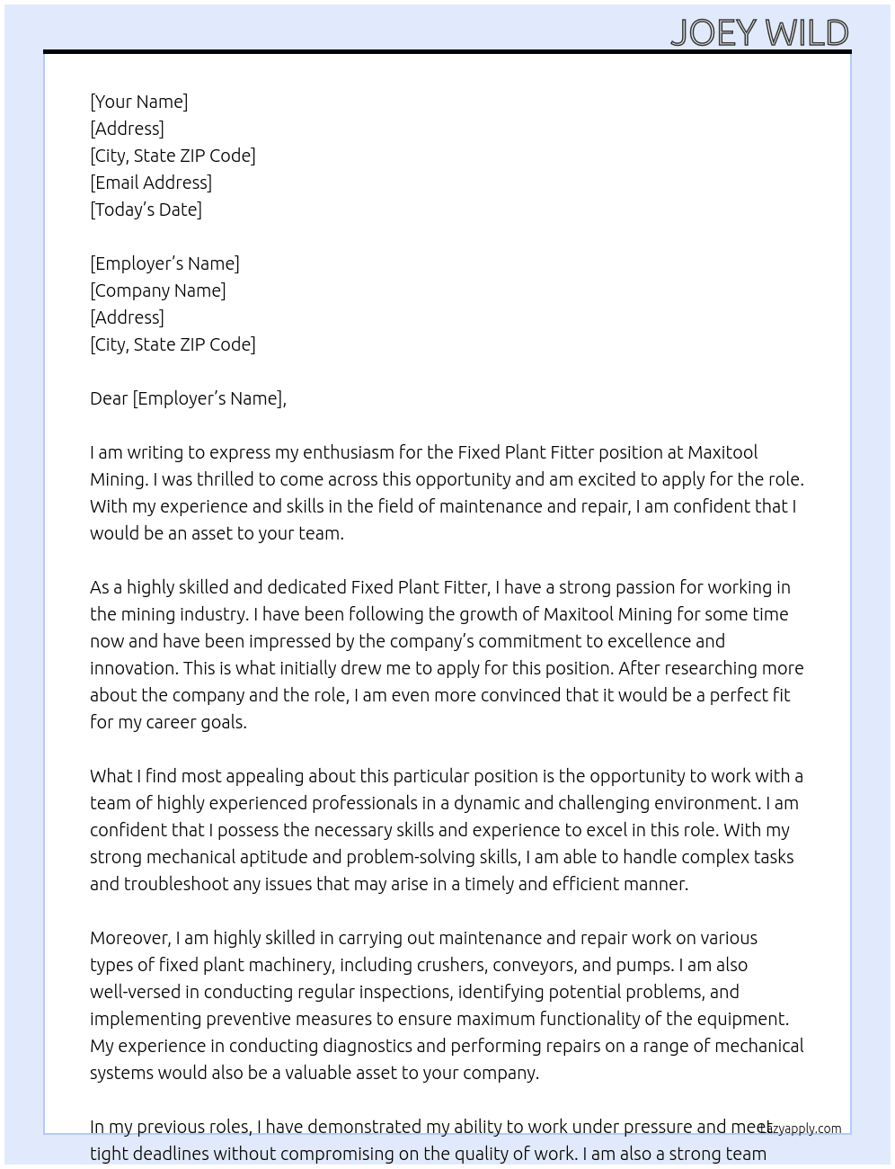Fixed plant Fitter At Maxitool Mining Cover Letter