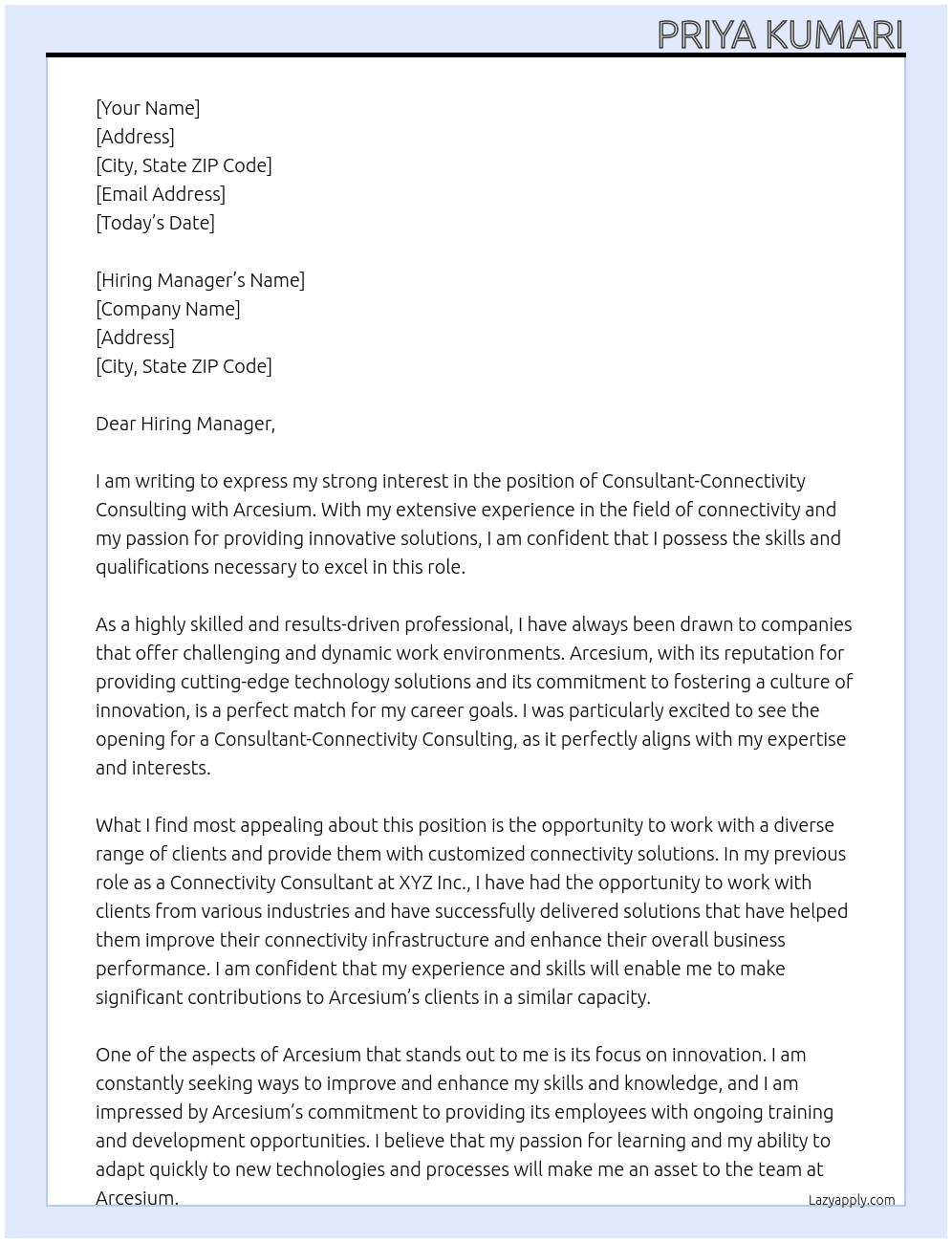 Consultant-Connectivity Consulting At Arcesium Cover Letter