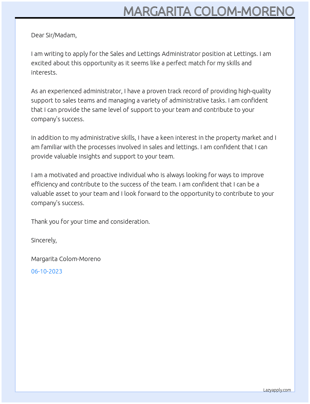 Sales and Lettings Adminstrator At Lettings Cover Letter