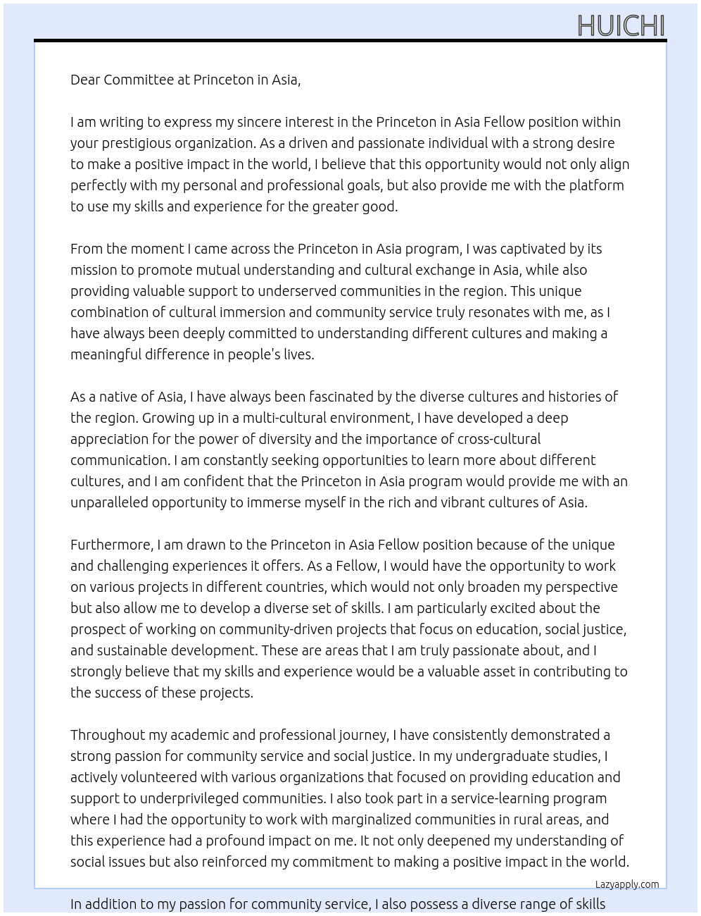 Princeton in Asia Fellow At Princeton in Asia Cover Letter