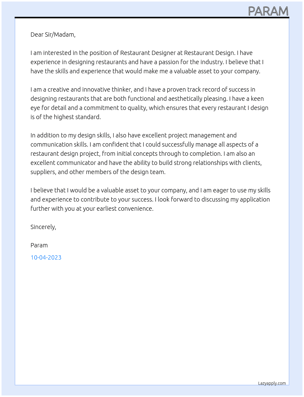 Restaurant desinger At Restaurant Design Cover Letter