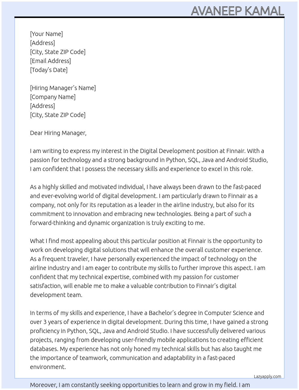 Digital Development At Finnair Cover Letter