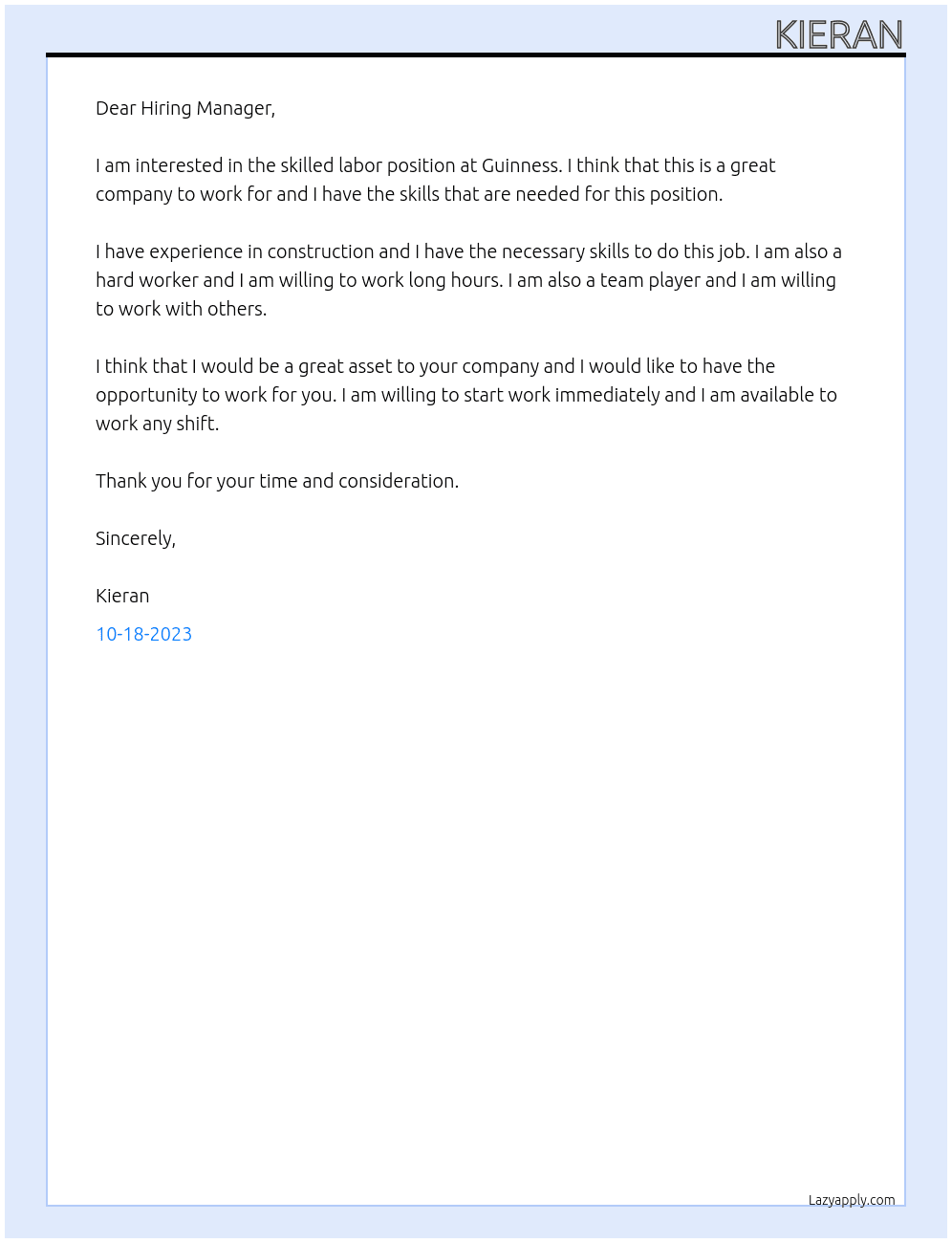 Skilled labour  At Guinness Cover Letter