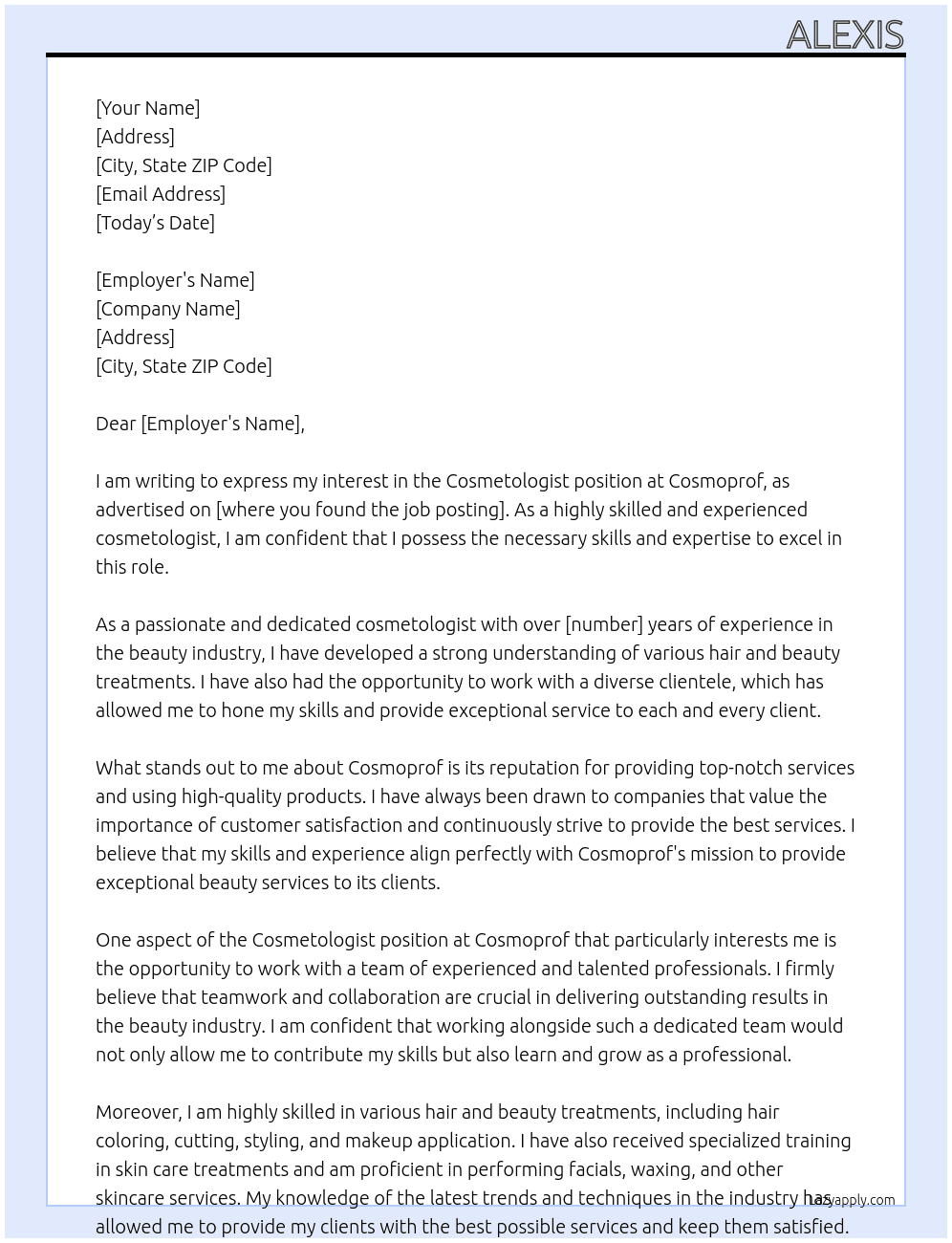 cosmetologist At cosmoprof Cover Letter
