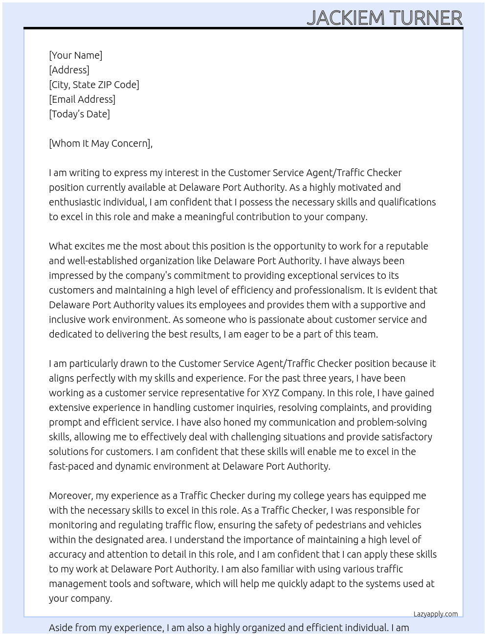 Customer Service Agent/Traffic Checker At Delaware Port Authority  Cover Letter