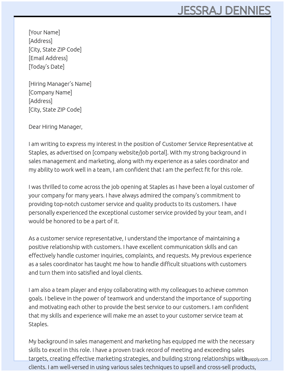 Customer service representatives At Staples Cover Letter