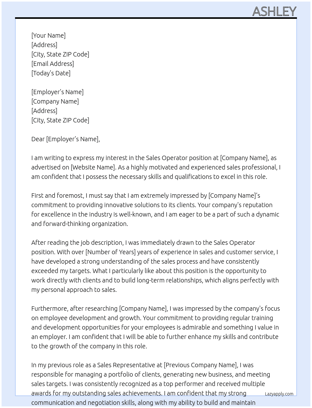 Sales operator At Future Cover Letter