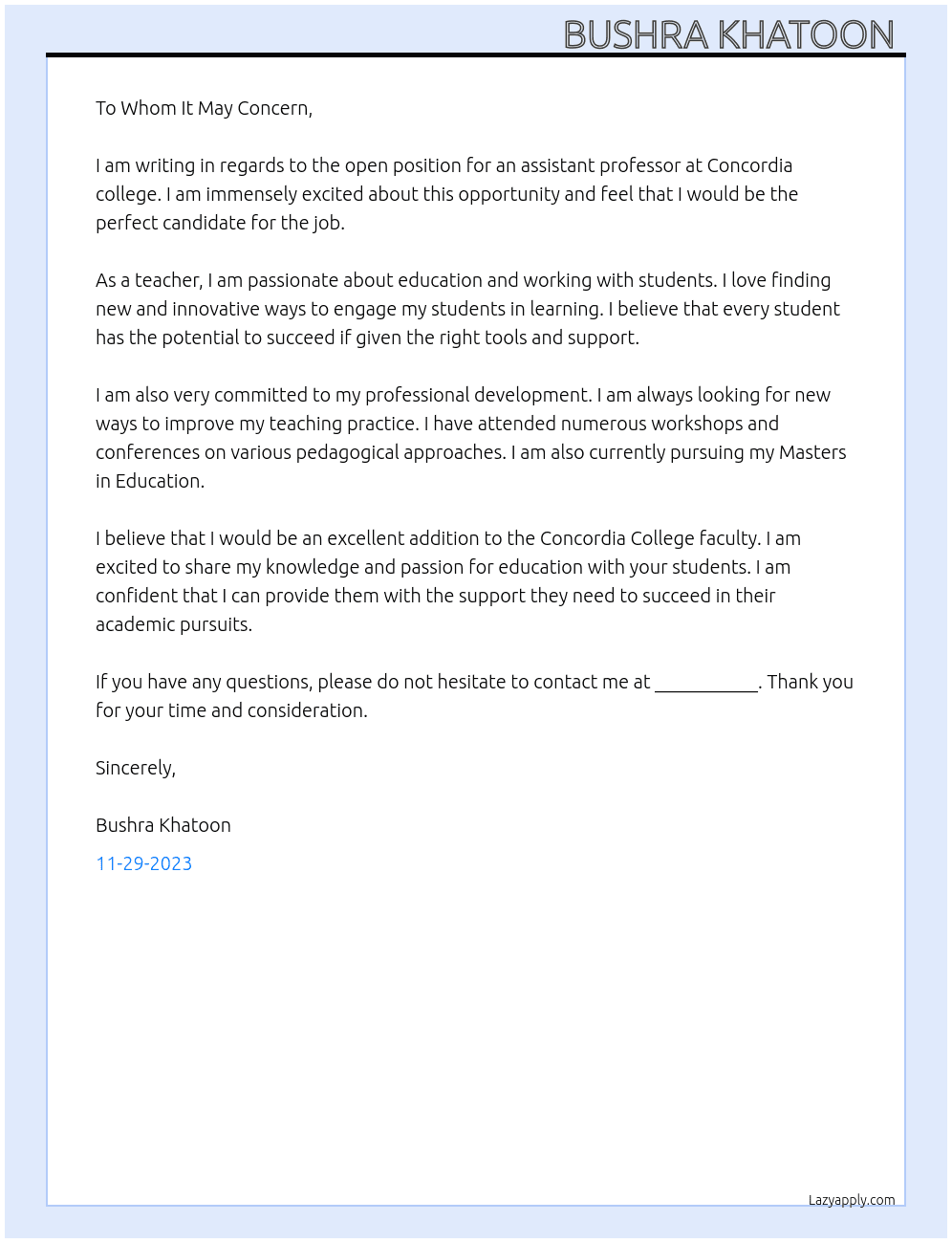 Assistant professor  At Concordia college  Cover Letter