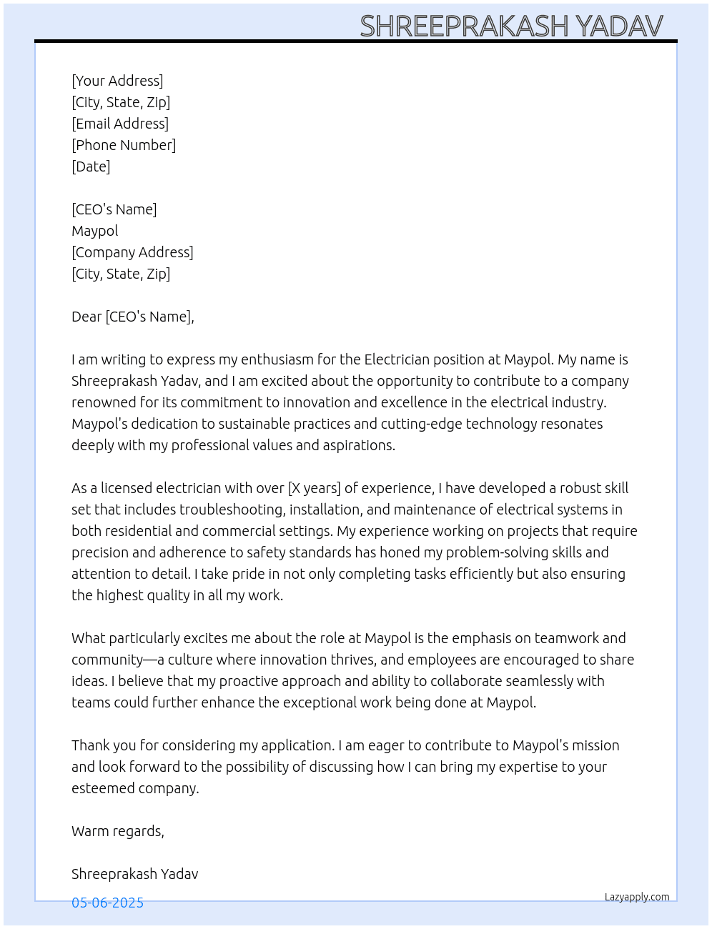 Electrician At Maypol Cover Letter