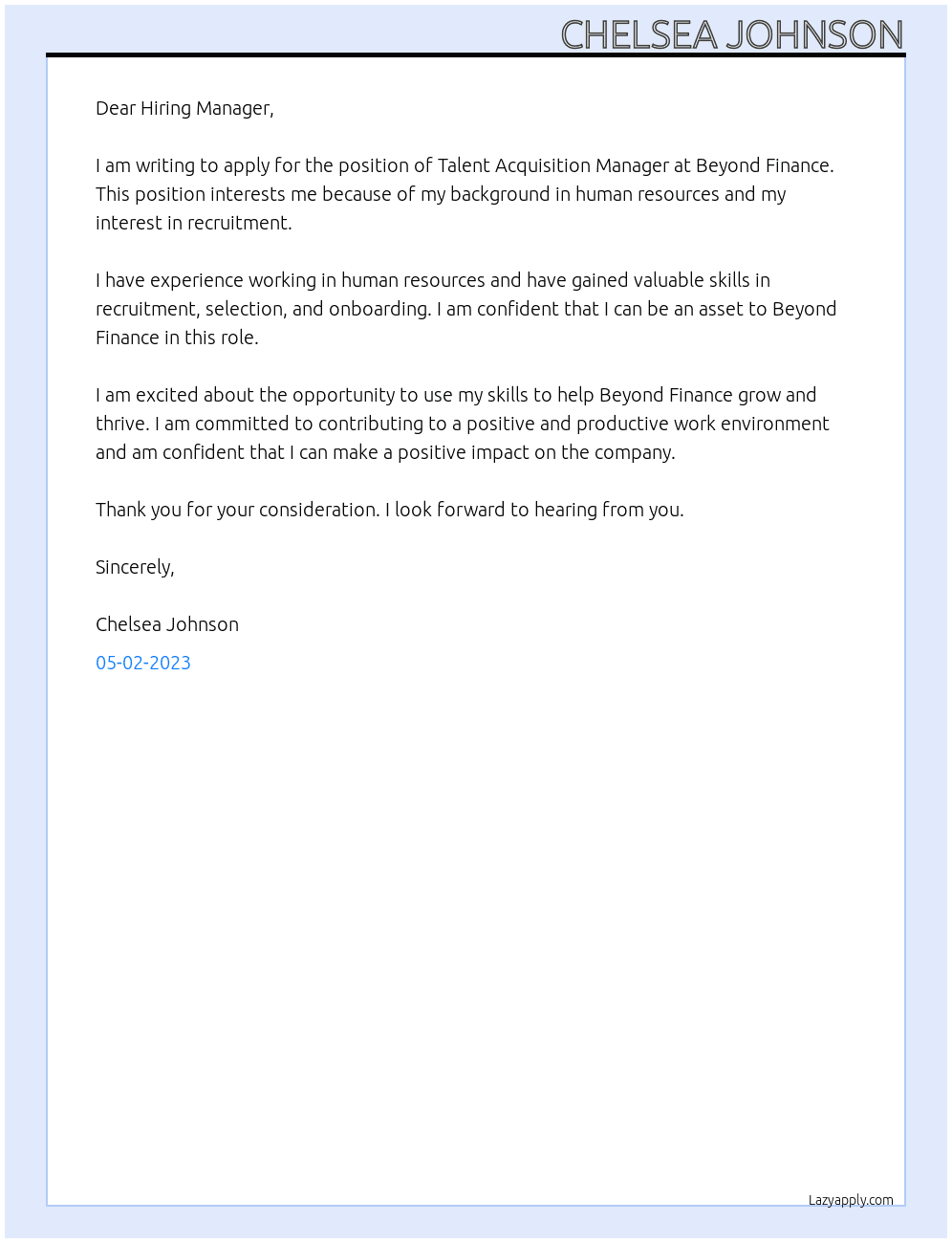 Talent Acquisition Manager At Beyond Finance Cover Letter