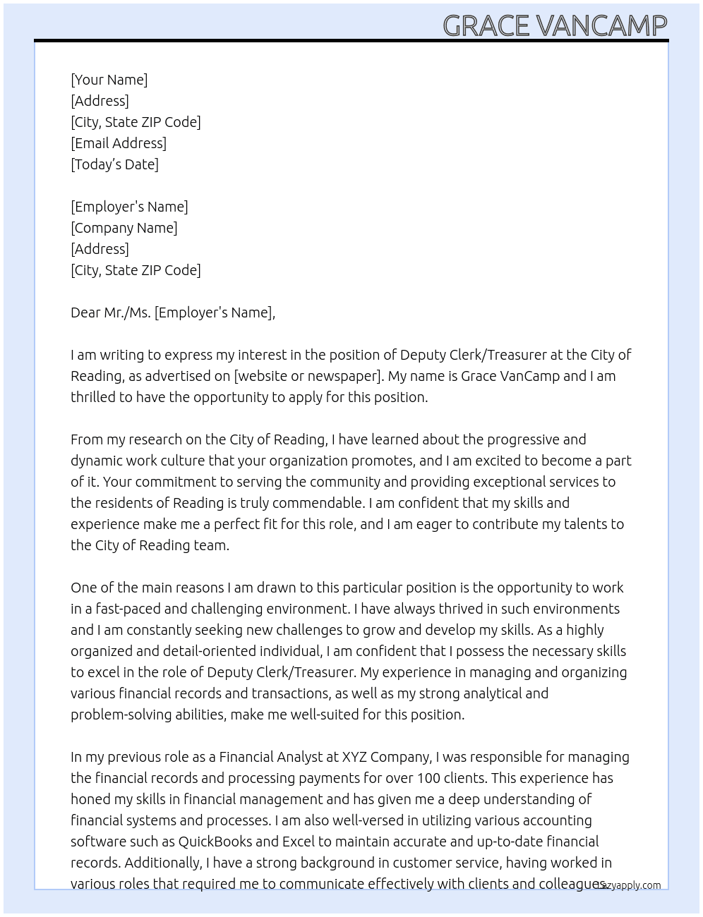 deputy clerk/treasurer  At City of Reading Cover Letter