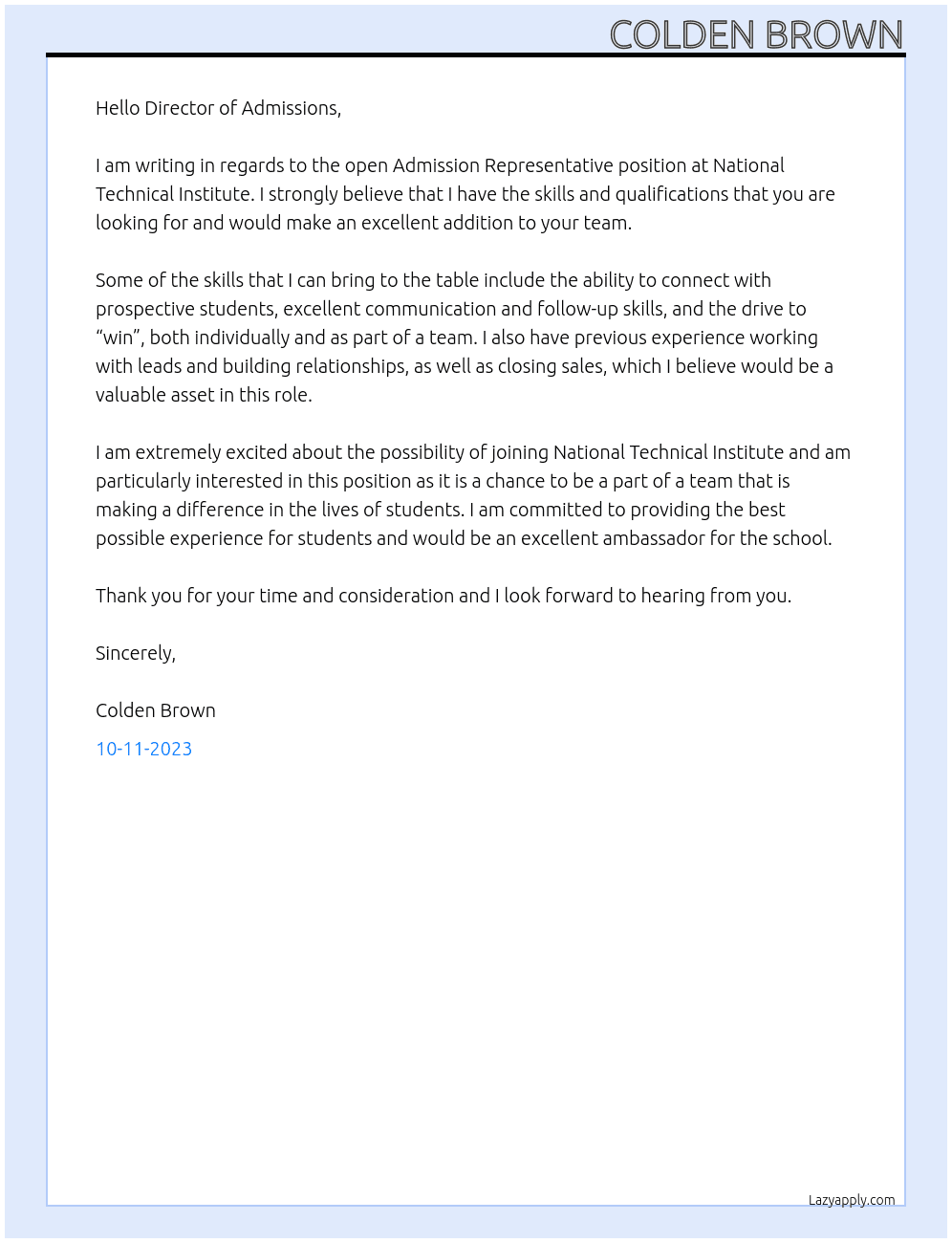 Admission Representative At National Technical Institute Cover Letter