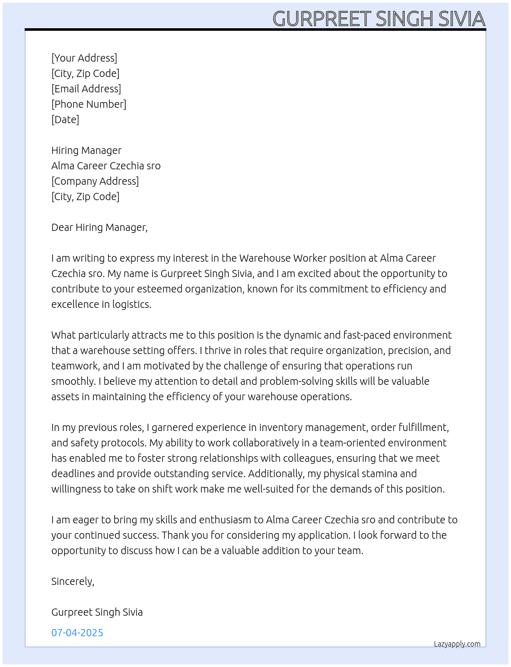 Warehouse worker At Alma Career Czechia sro Cover Letter
