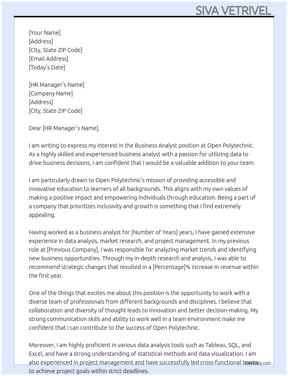 Business analyst  At Open polytechnic  Cover Letter