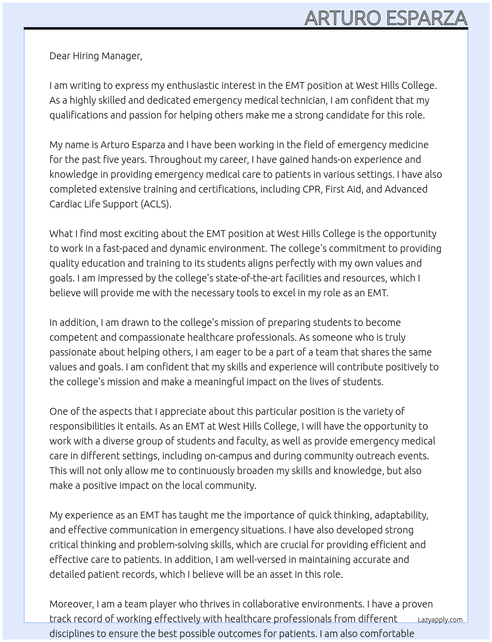 EMT At West Hills COllege Cover Letter