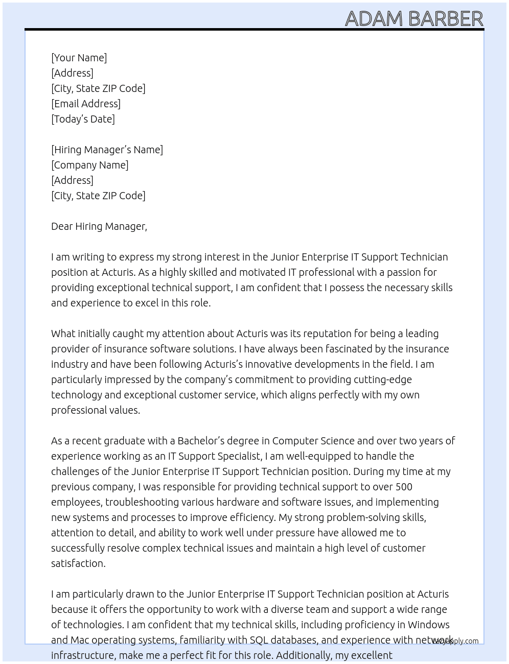 unior Enterprise IT Support Technician At Acturis Cover Letter