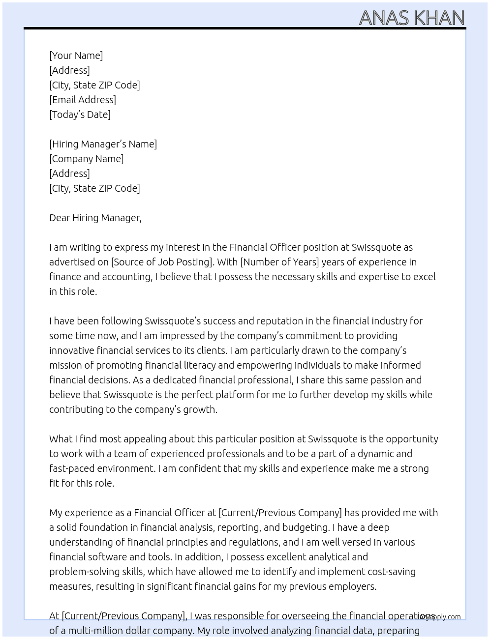 Financial officer  At Swissquote Cover Letter