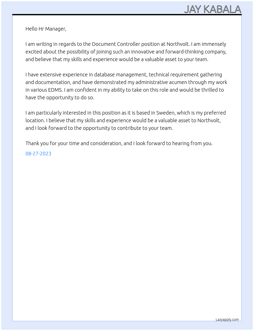 Document Controller At Northvolt Cover Letter