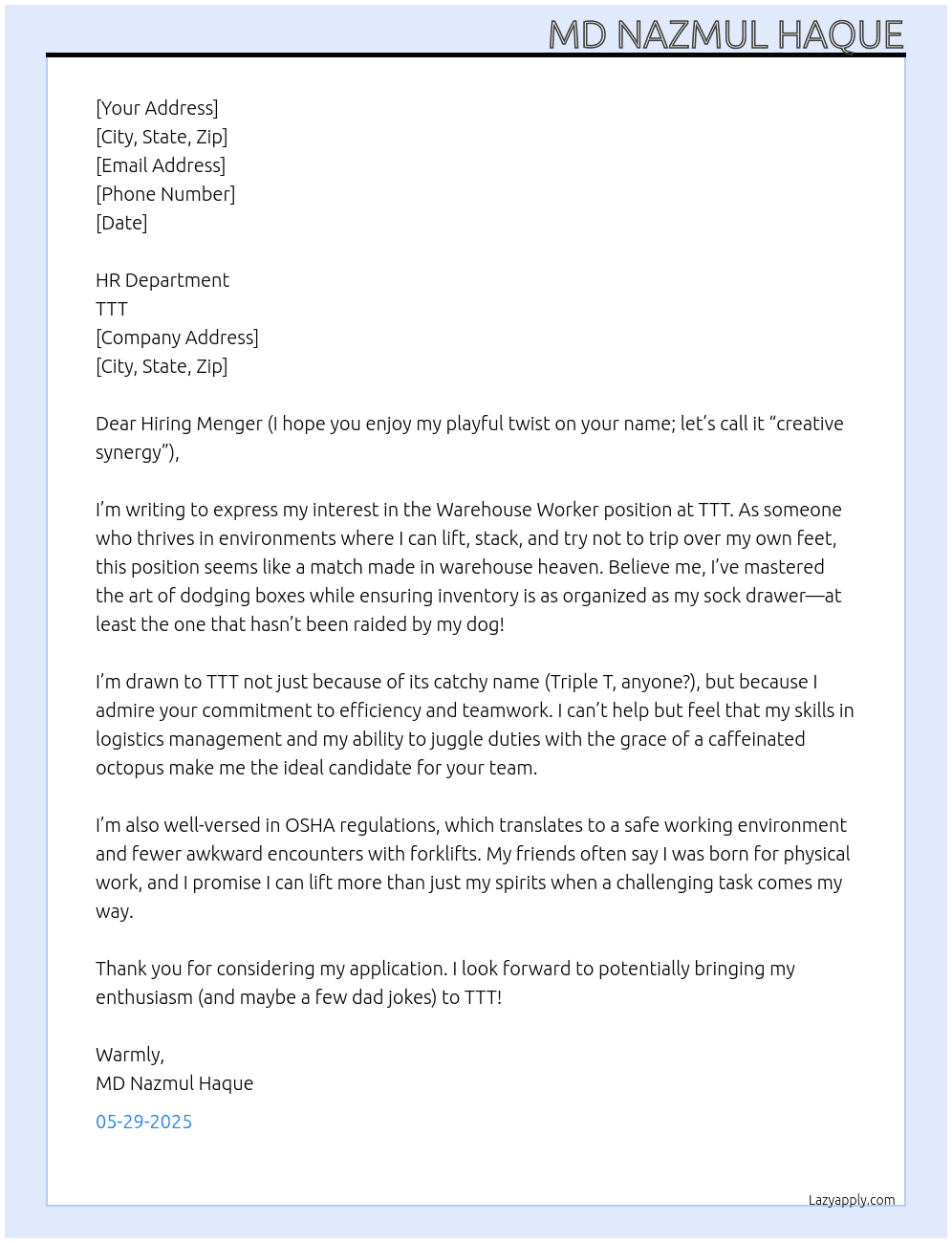 WAREHOUSE WARKER At TTT Cover Letter