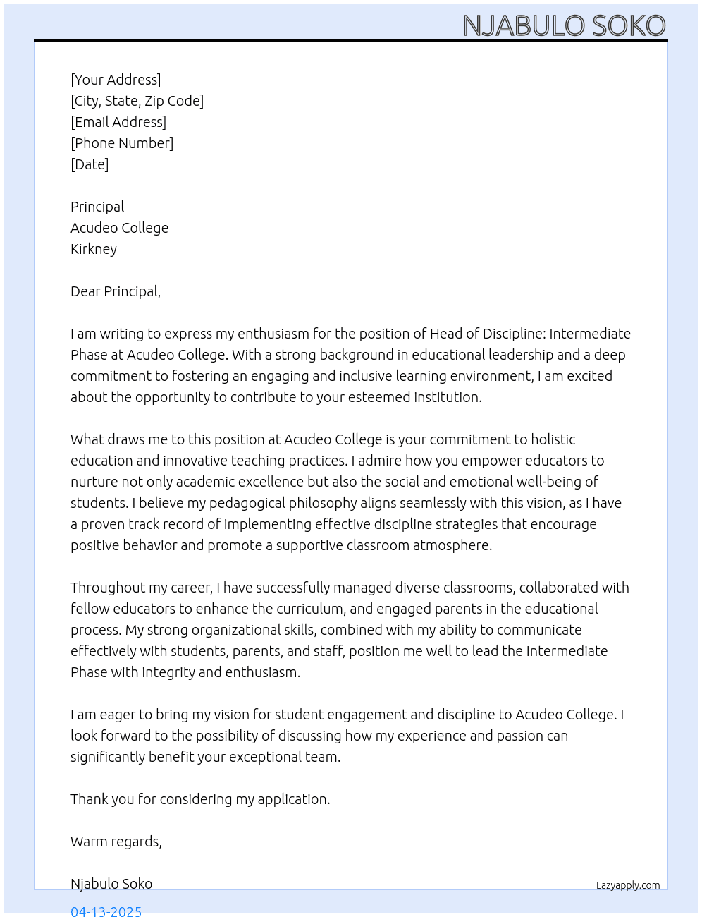 Cover letter for head of discipline: intermediate phase - LazyApply