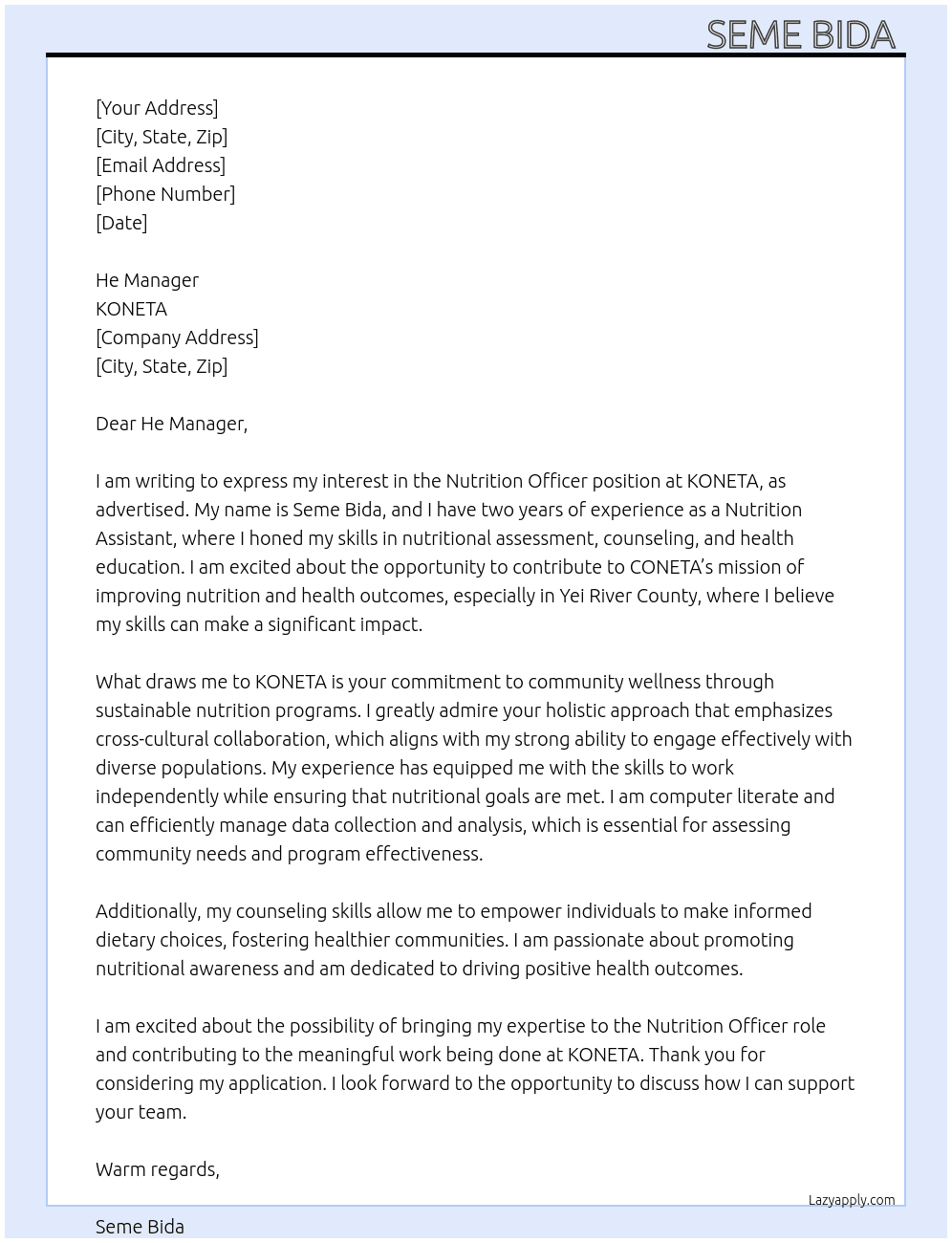 Nutrition officer. At KONETA Cover Letter