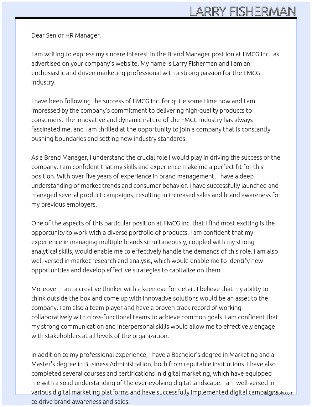 Brand Manager At FMCG Inc. Cover Letter