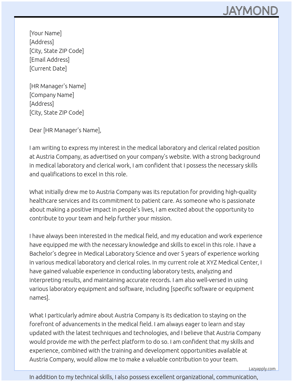 medical laboratory and clerical related position At Austria Company Cover Letter