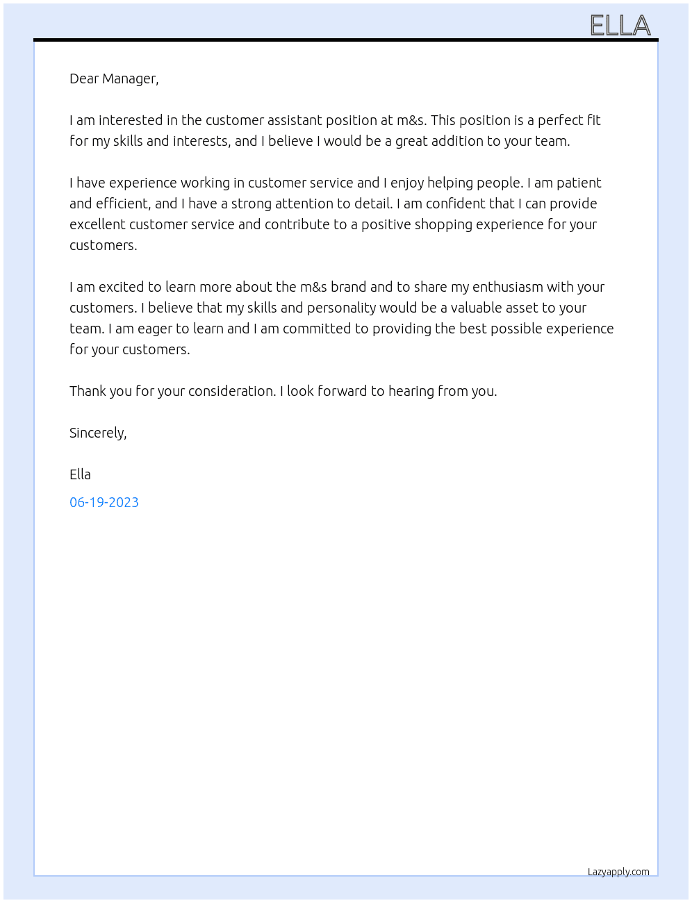 customer assistant  At m&s Cover Letter