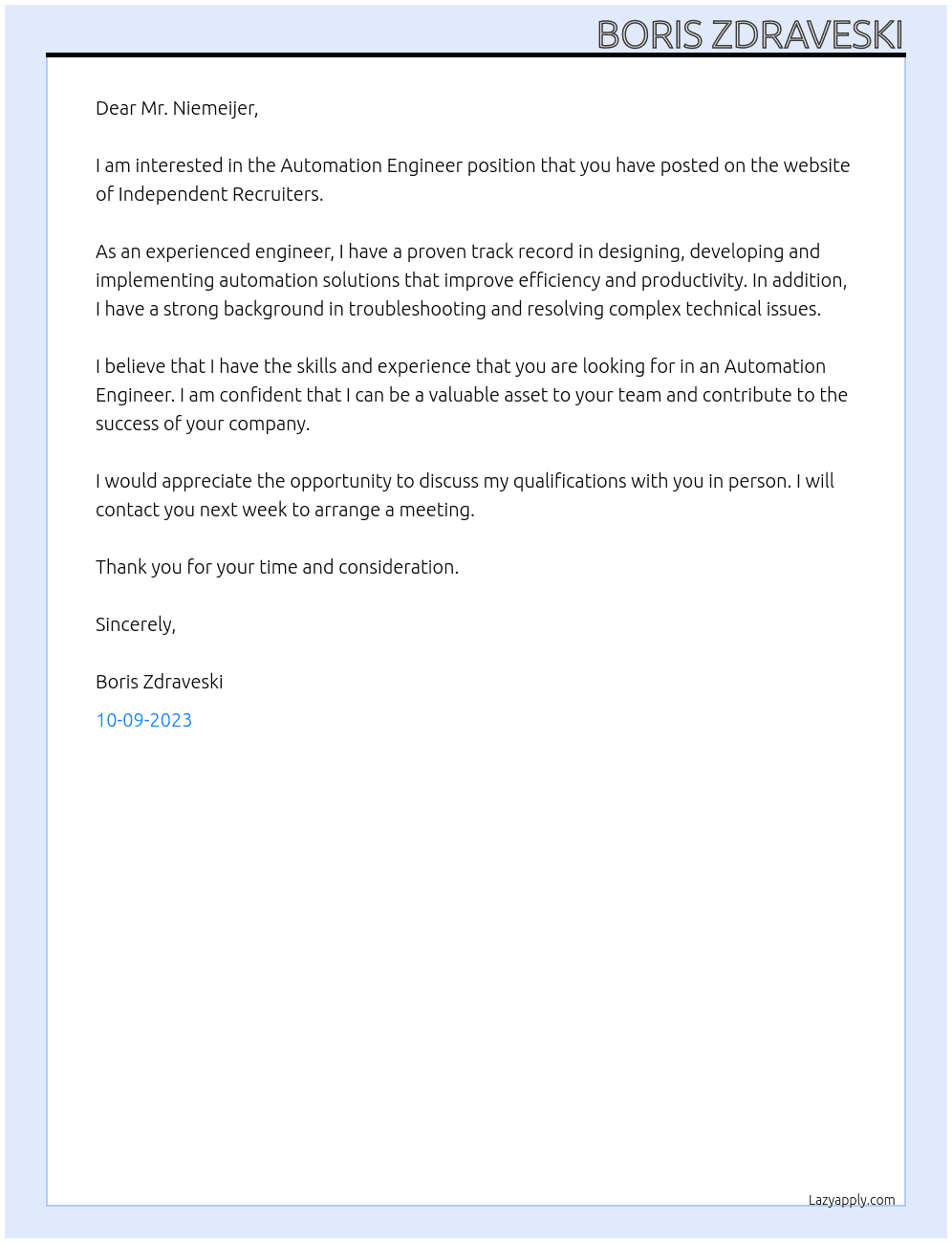 Automation Engineer At Independent Recruiters Cover Letter