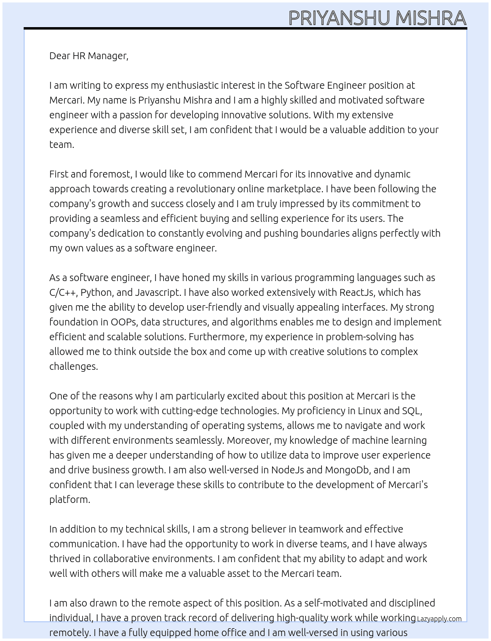 Software Engineer At Mercari Cover Letter