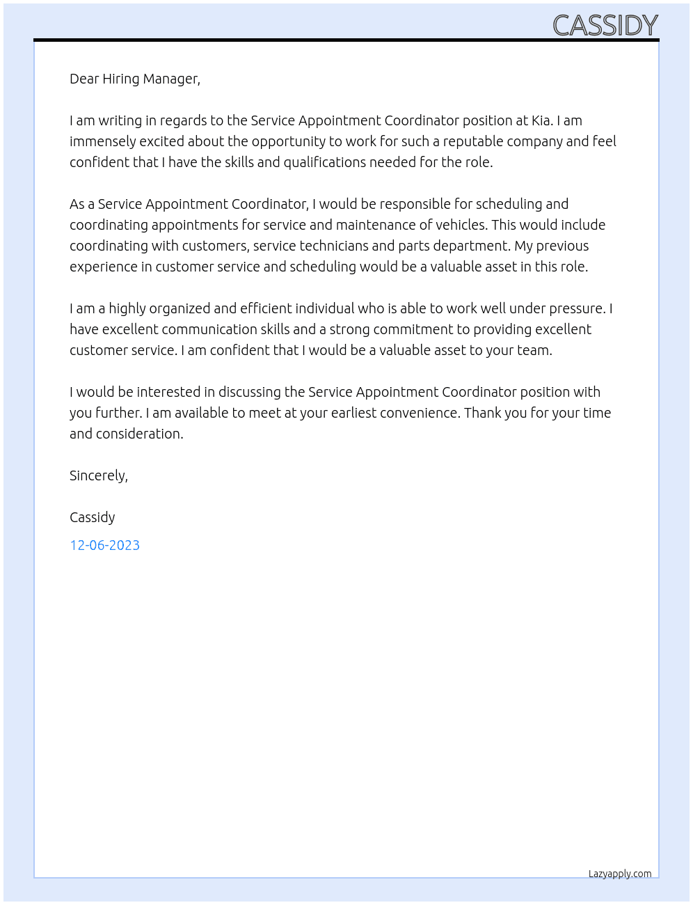 Service Appointment Coordinator At Kia Cover Letter