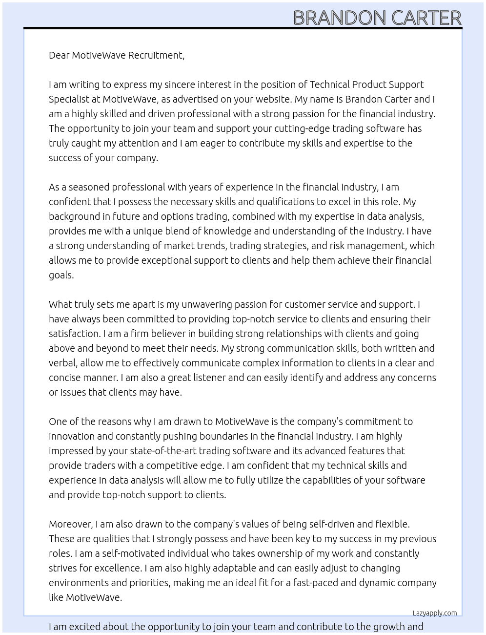 Technical Product Support Specialist At MotiveWave Cover Letter