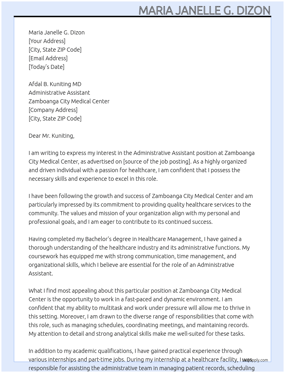 Administrative Assistant  At Zamboanga City Medical Center Cover Letter