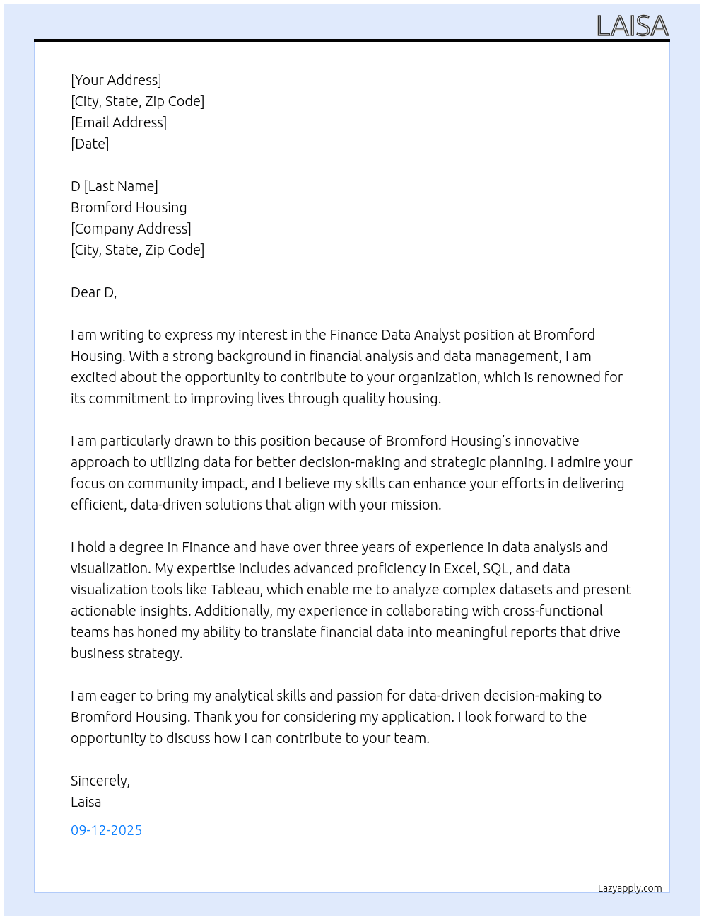 Cover letter for finance data analyst - LazyApply