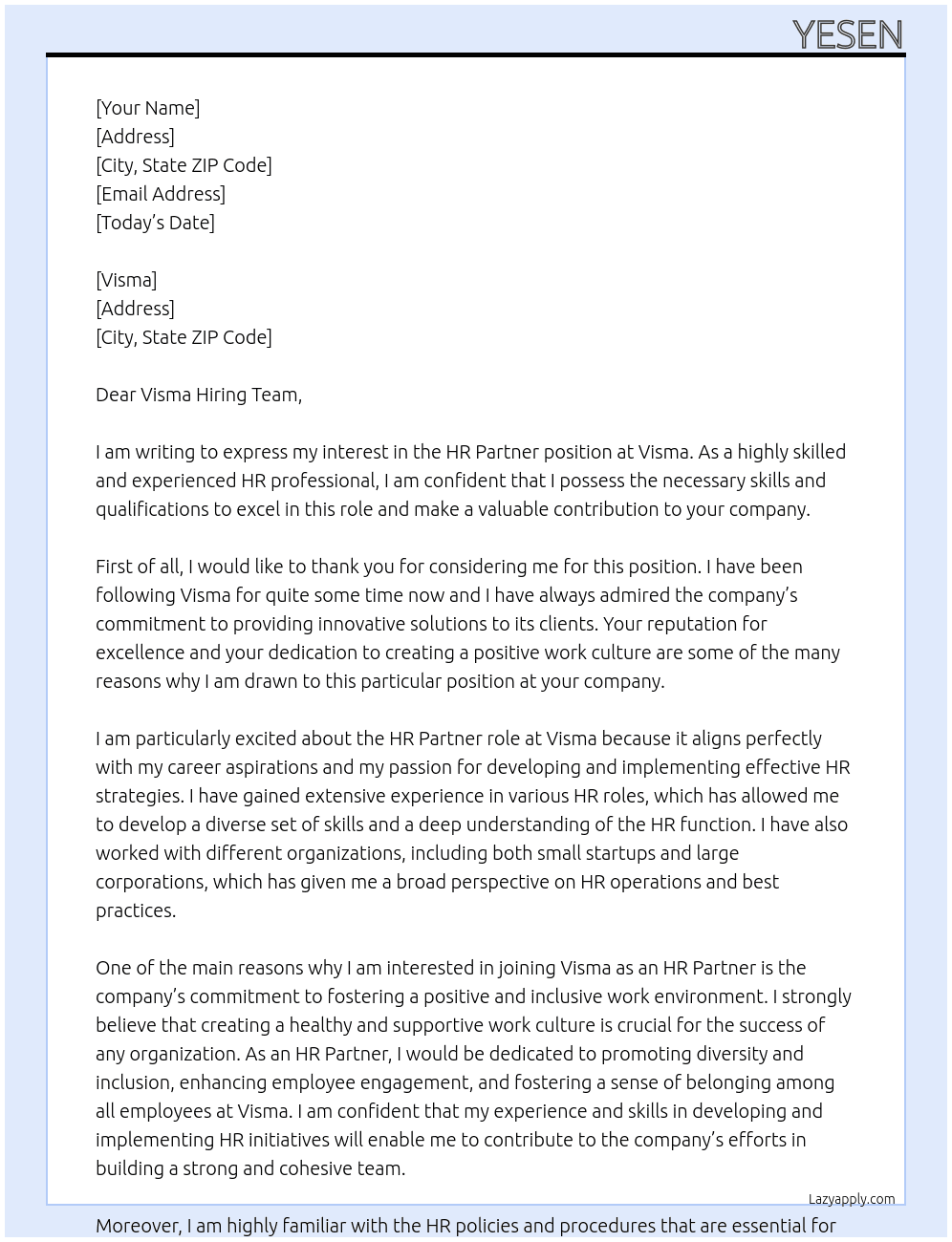 HR Partner At Visma Cover Letter