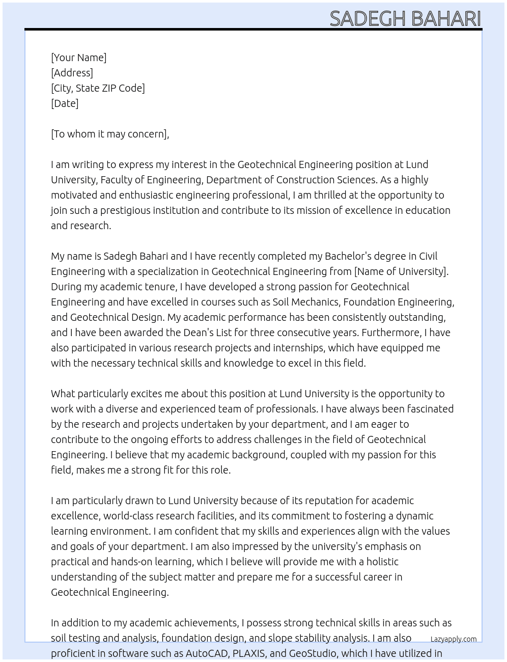 Geotechnical Engineering At Lund University, Faculty of Engineering, Department of Construction Sciences Cover Letter