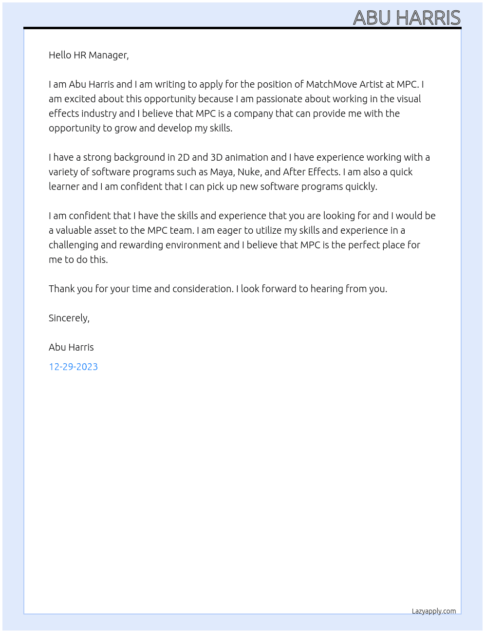 MatchMove Artist At MPC Cover Letter