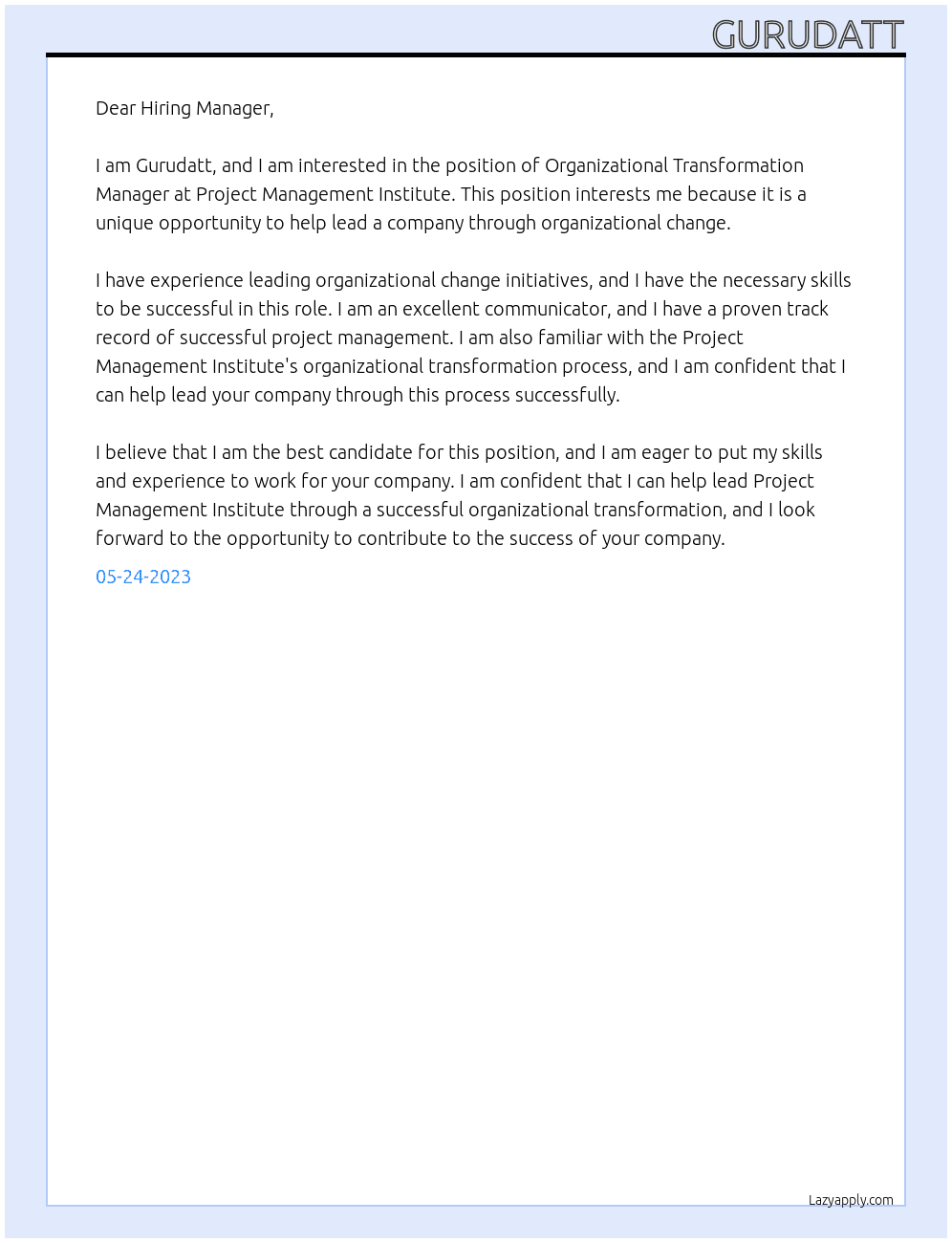 Organizational Transformation Manager At Project Management Institute Cover Letter